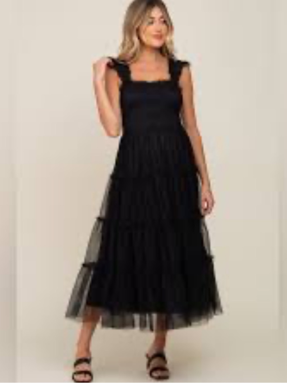 NEW Bibi Women’s Black Tulle Smocked Flutter Sleeve Midi Dress Size Small S